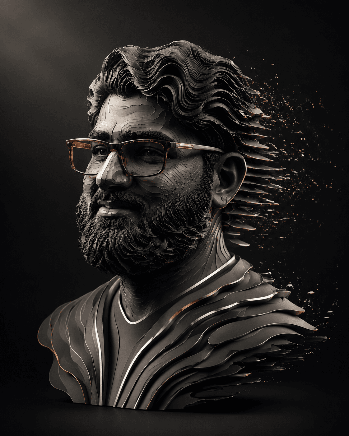 Digital sculpture of Muneeb in layered graphite and chrome, with amber glasses