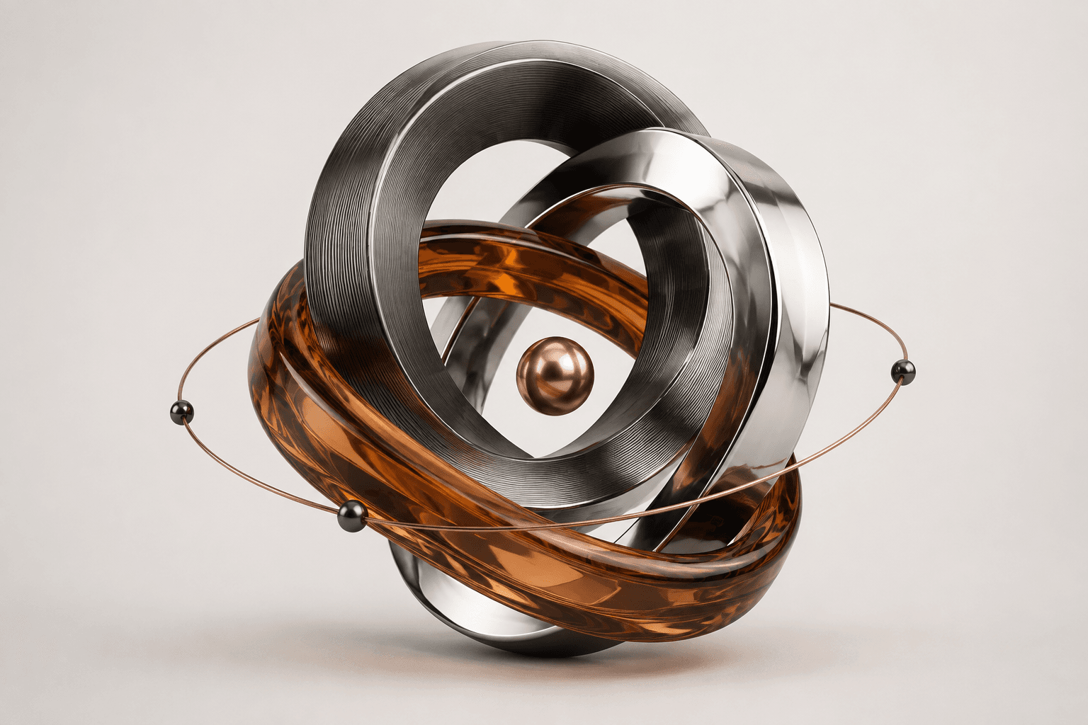 Interconnected graphite, chrome and amber glass forms orbiting a copper sphere
